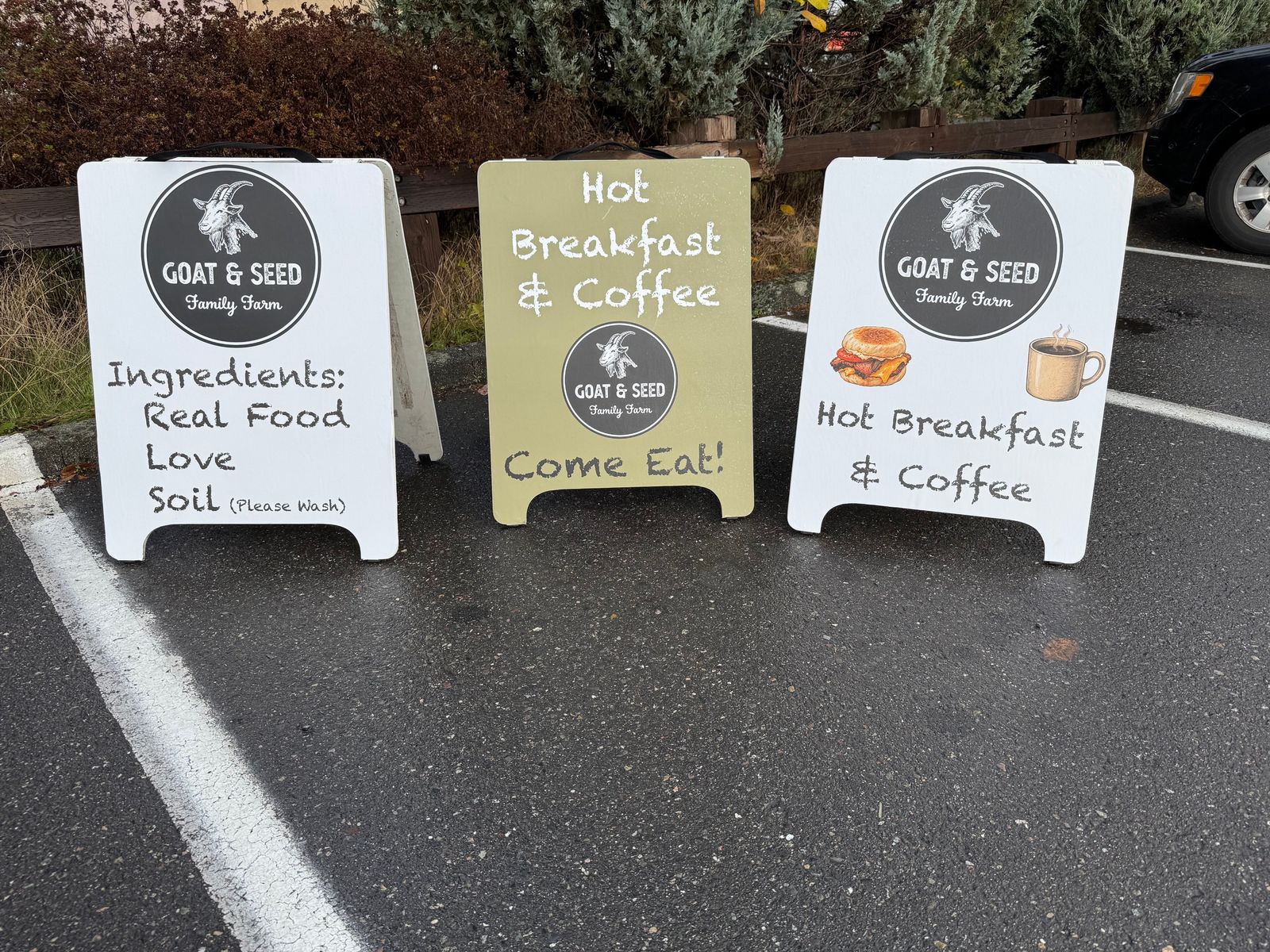 Custom Goat & Seed A-frame signs, Everett WA