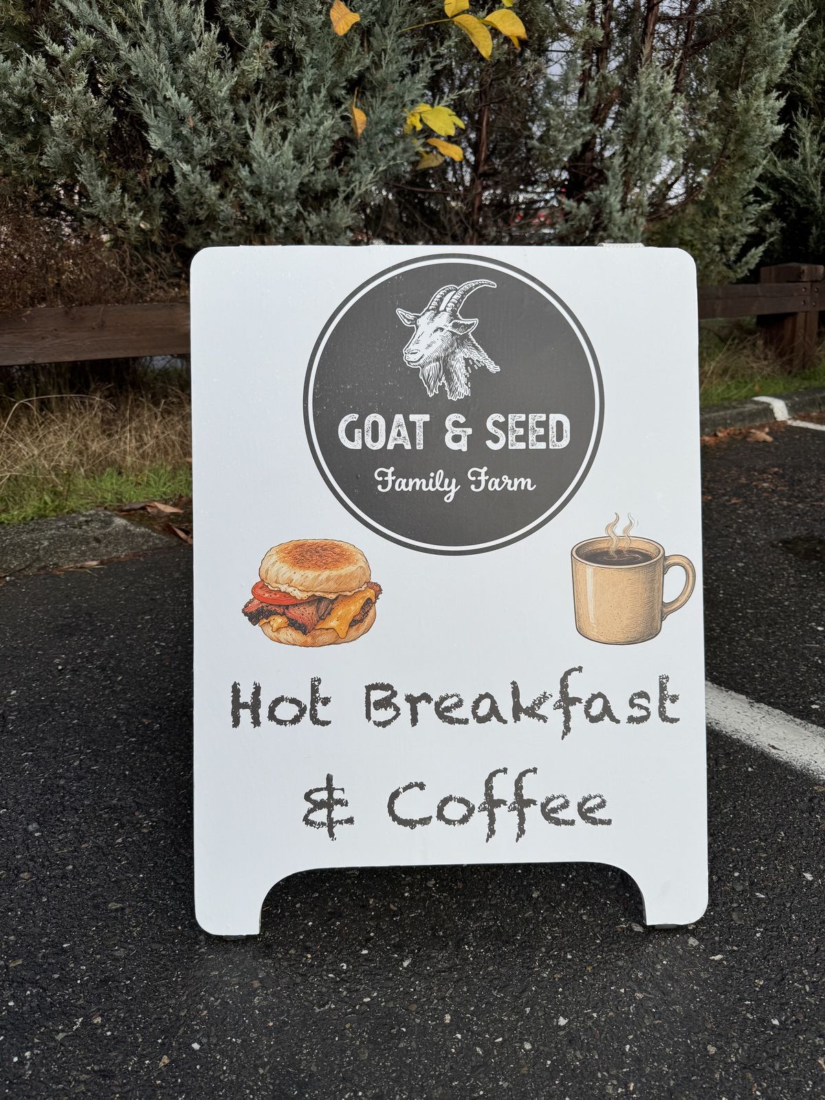 Custom Goat & Seed hot breakfast and coffee A-frame sign, Everett WA