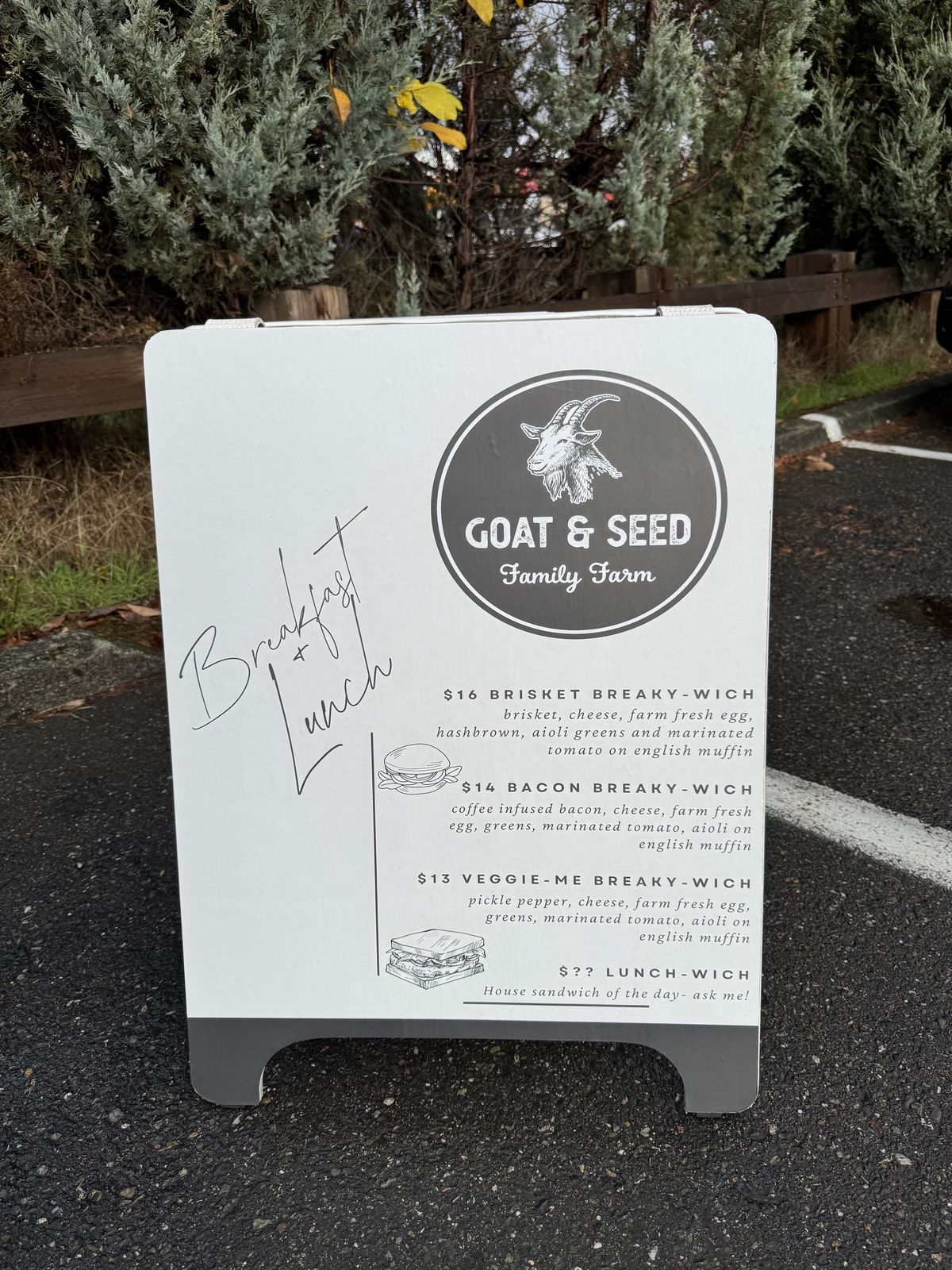 Custom Goat & Seed breakfast and lunch menu A-frame, Everett WA