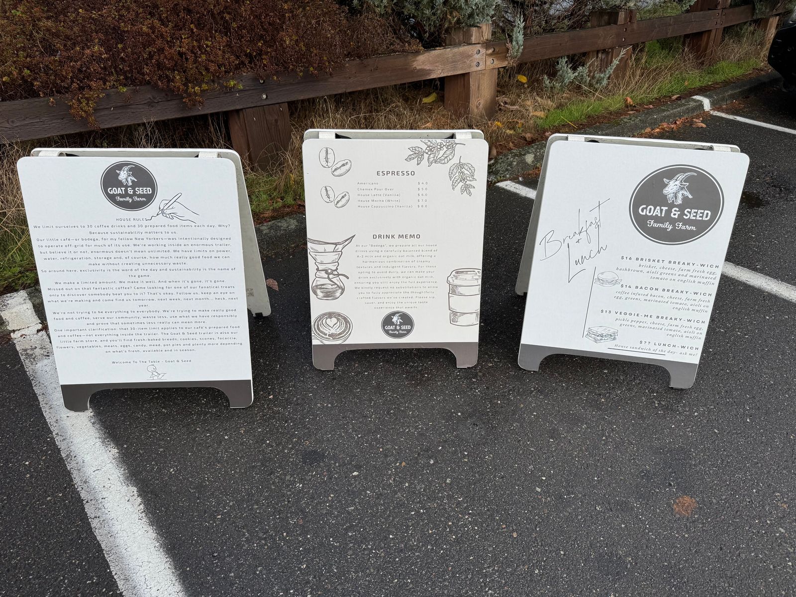 Custom Goat & Seed menu and drink A-frame signs, Everett WA
