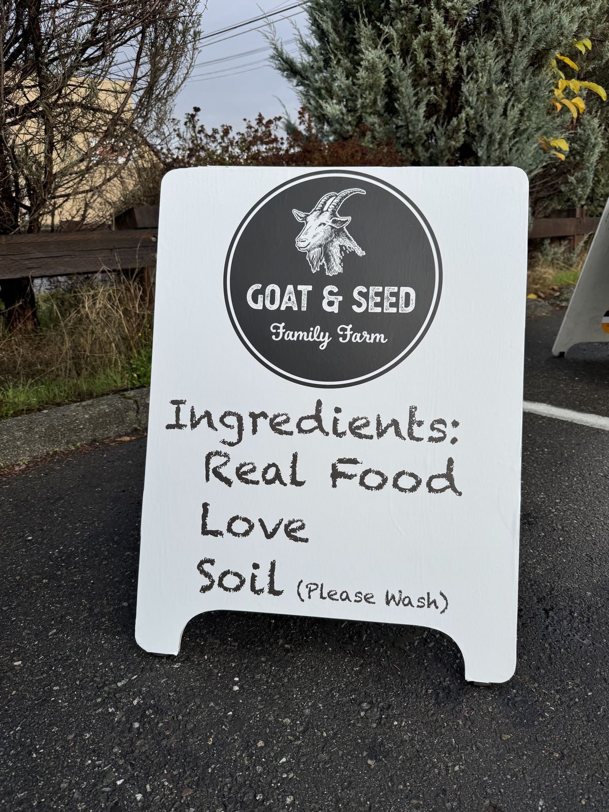 Custom Goat & Seed ingredients A-frame sign, Everett WA