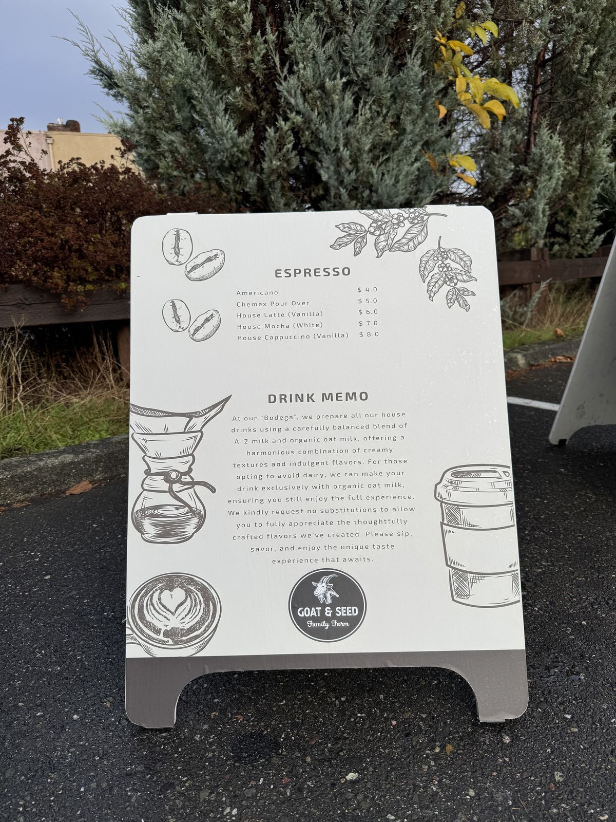 Custom Goat & Seed espresso and drink menu A-frame, Everett WA