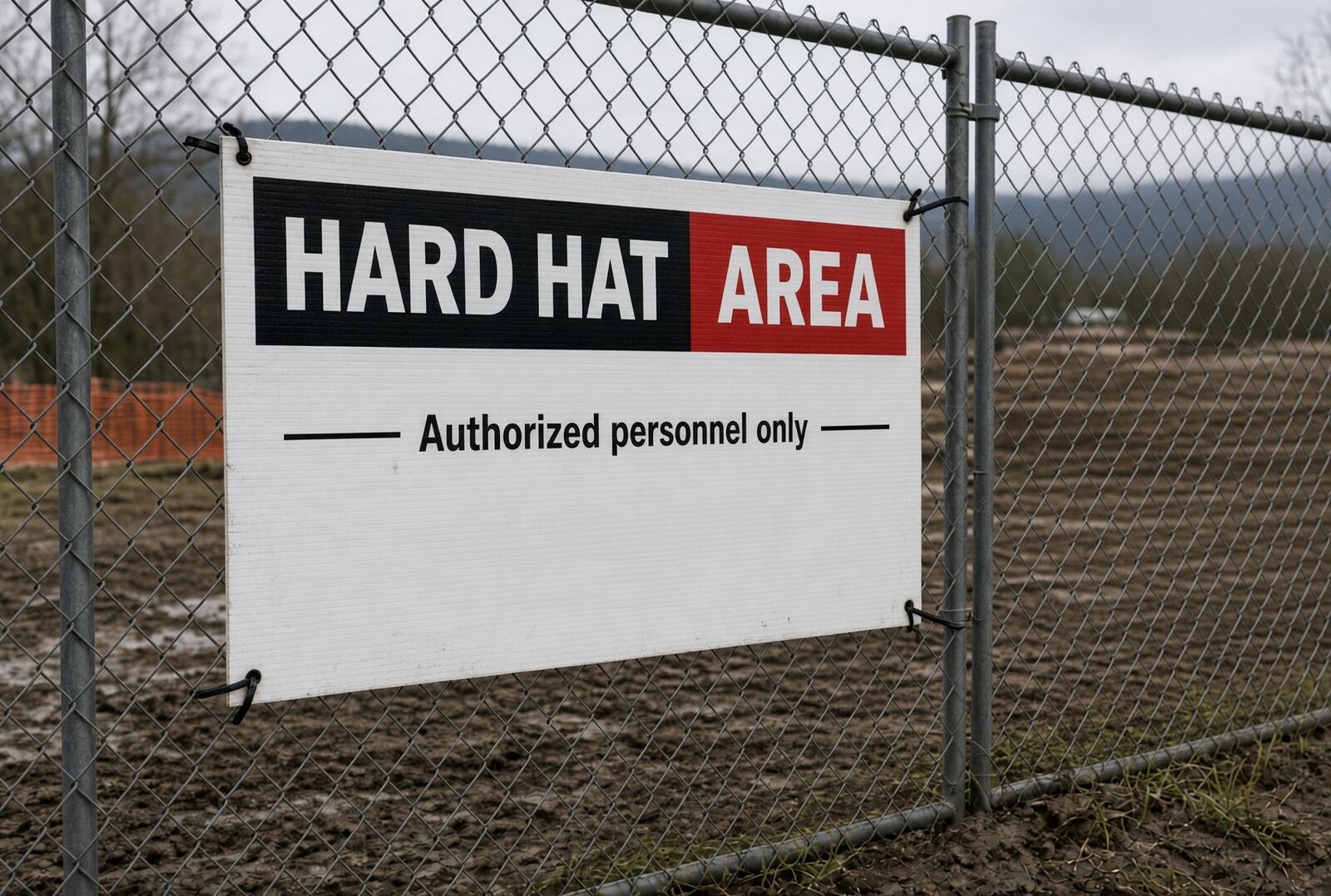 Hard hat area sign on a jobsite fence