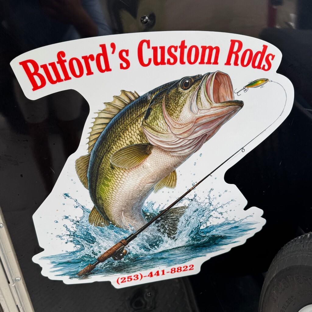 Contour-cut Buford’s Custom Rods bass sticker